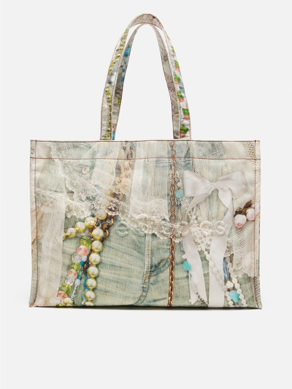 Acne Printed Canvas Tote in White with Multicolor Accents